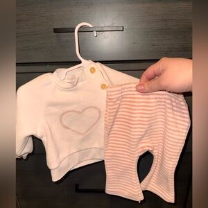 White Heart Sweater and Pink Striped Pants Set